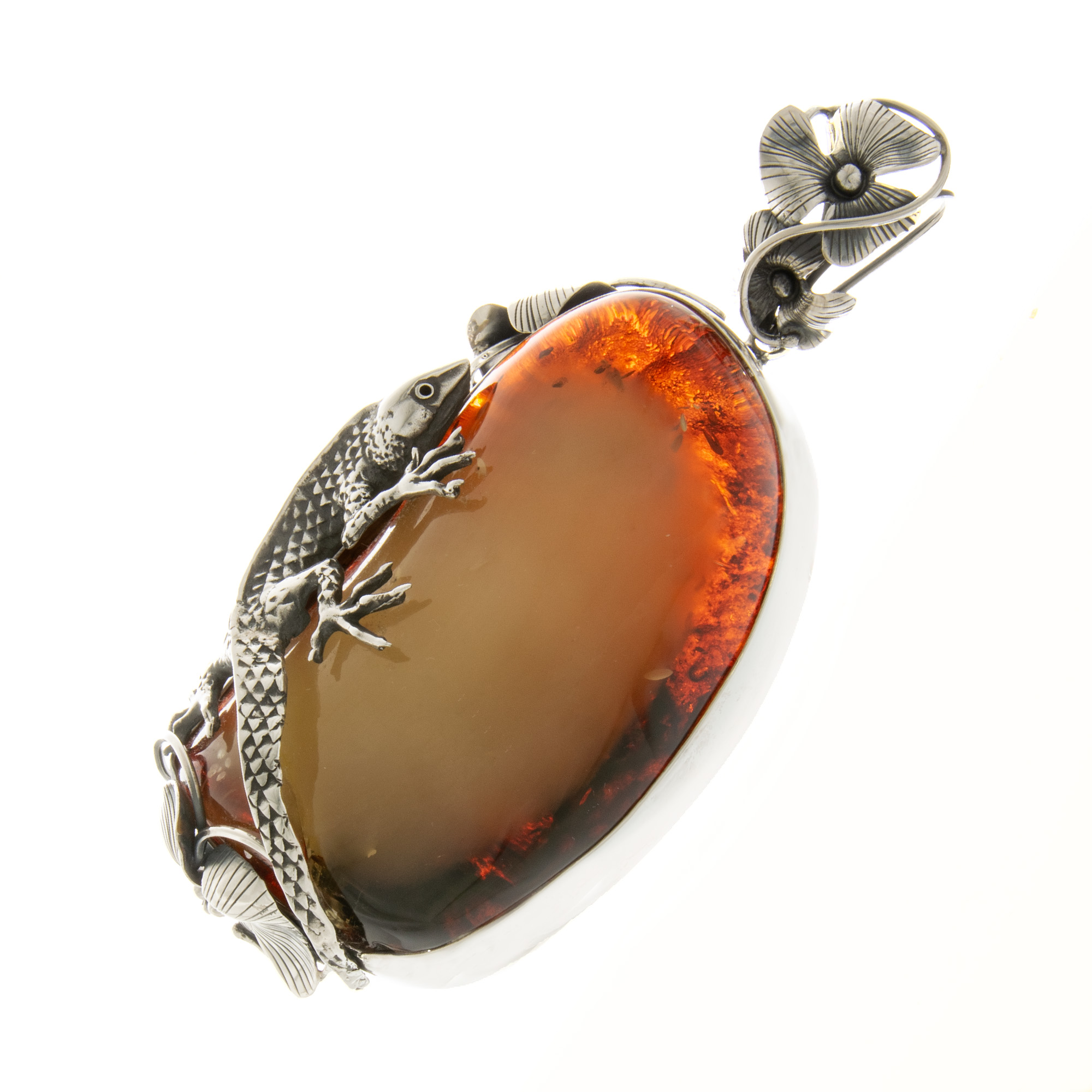 Huge Heavy Sterling Silver and Natural Baltic Amber Lizard Pendant 5